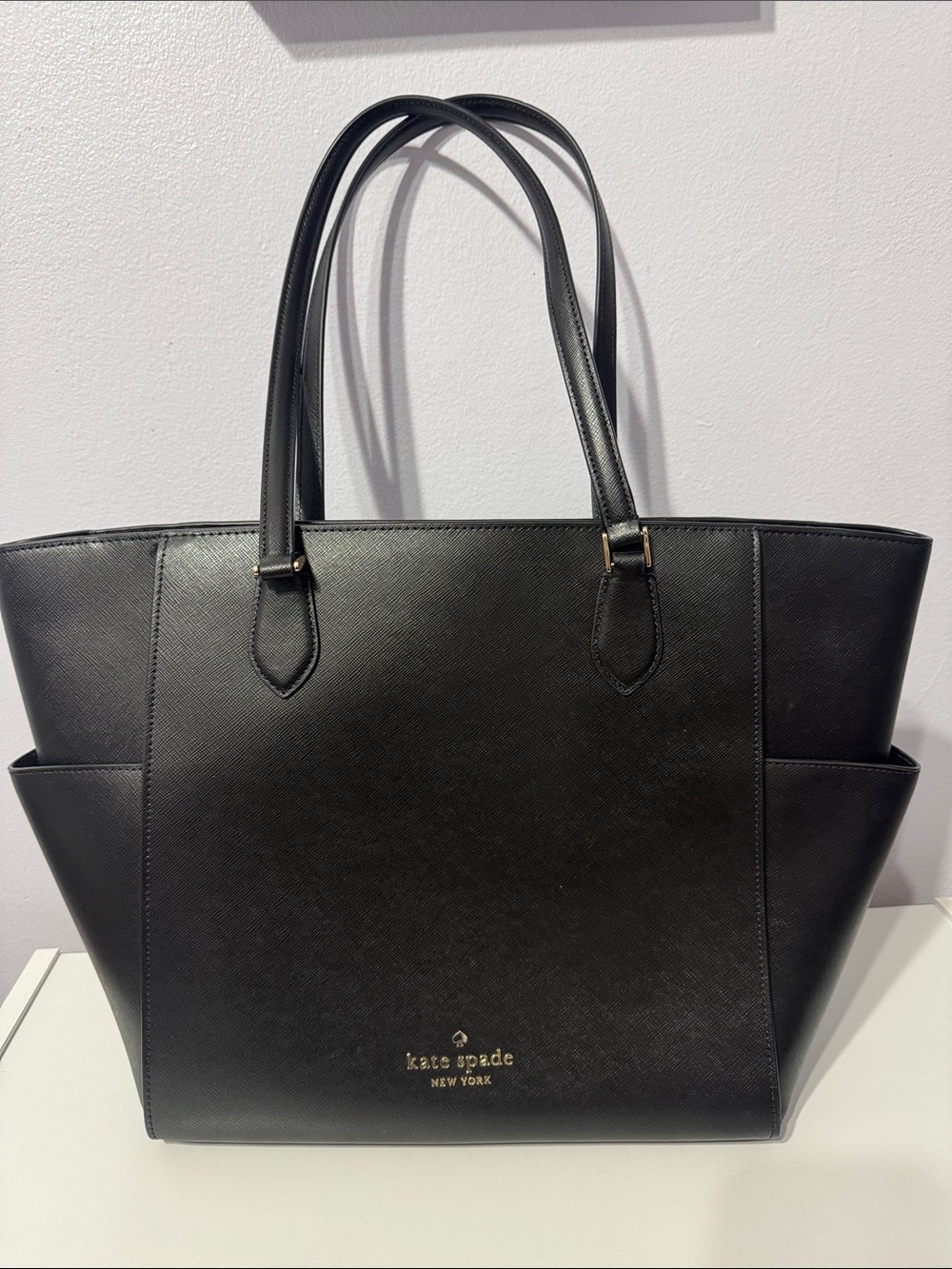 kate spade Black Leather Structured Tote with Side Pockets